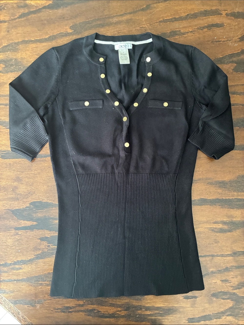 Cache Black Short-Sleeve Ribbed V-Neck Top with Gold Buttons